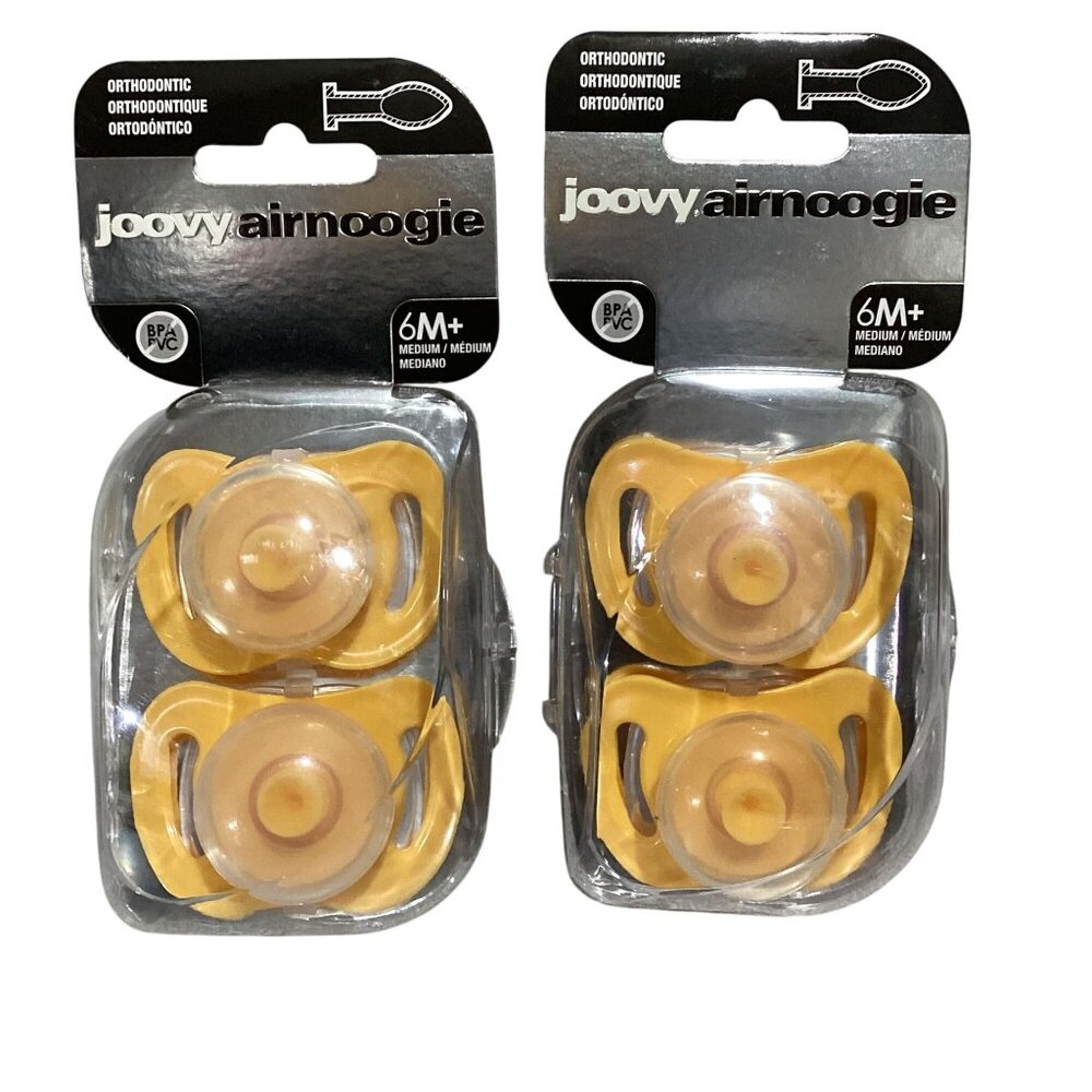 2-Joovy Airnoogie Orthodontic Pacifiers 6M+ 2-Pack Silicone Natural Touch Yellow